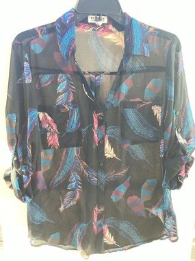 Express Black Sheer Button-Down Shirt with Teal & Magenta Feather Print